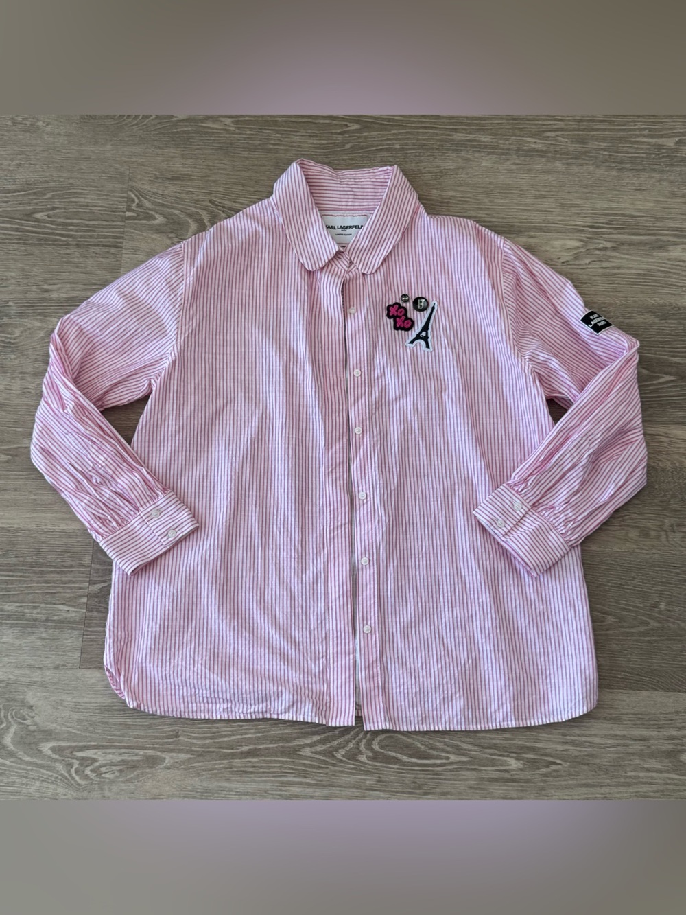 NWT Women’s KARL LAGERFELD PARIS limited edition pink striped button shirt L